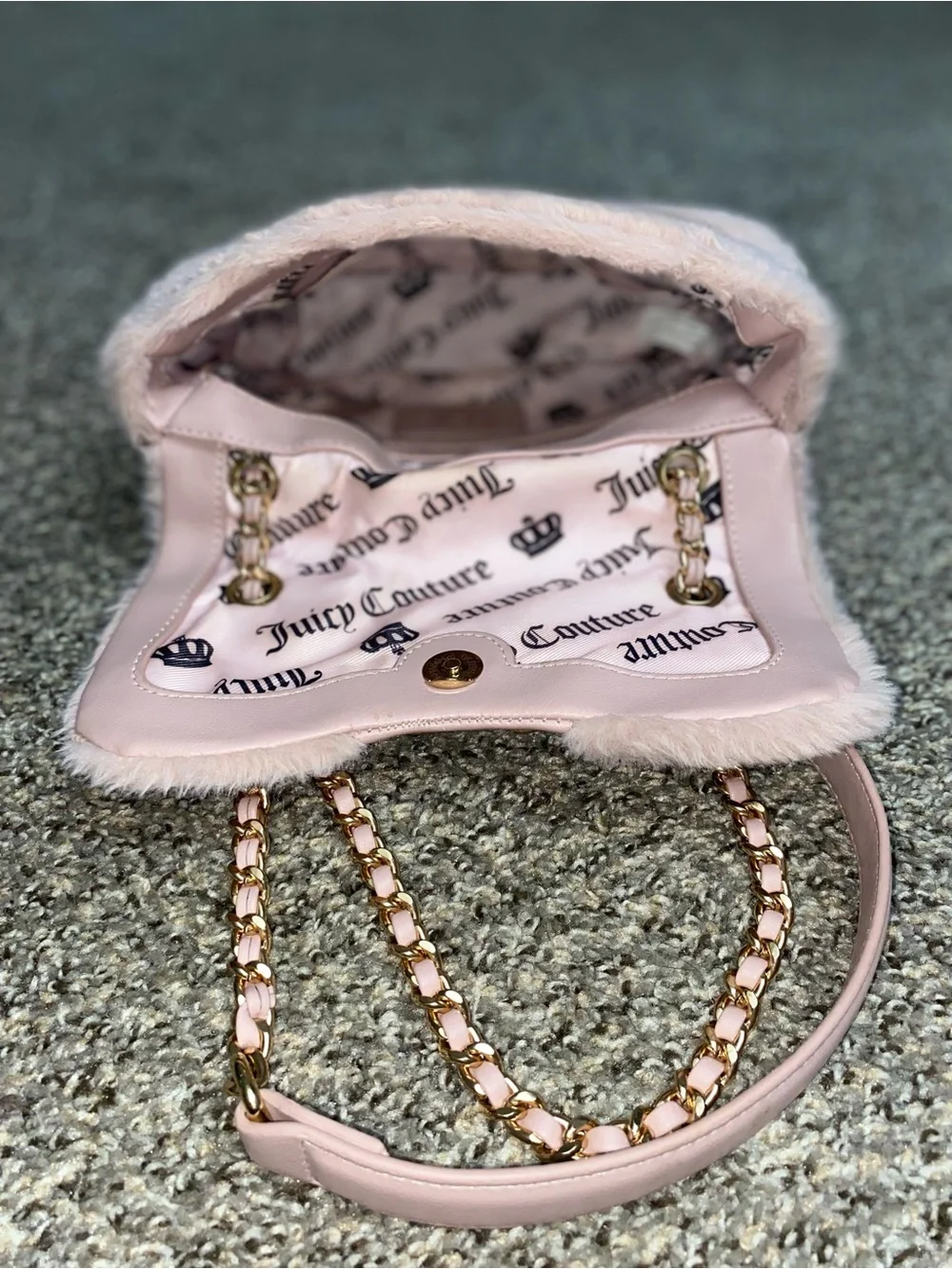 Juicy Couture Pink Faux Fur Shoulder Bag with Rose Gold Chain